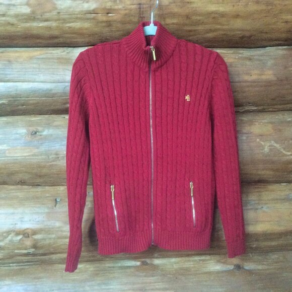 Lauren Ralph Lauren VTG Red Cable Knit Monogram Signature Zip Preppy Cardigan PL - Picture 1 of 5